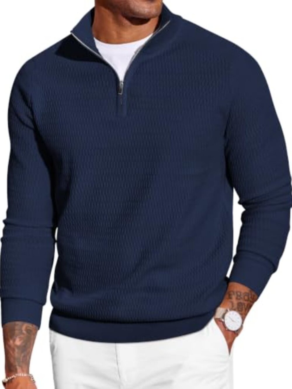 Mens Quarter Zip Knit Sweatshirt Mock Neck Pullover Sweater Polo